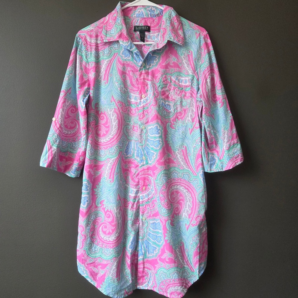 Lauren Ralph‎ Lauren Pink Paisley Cotton Tunic Shirt Dress Size Medium Summer
